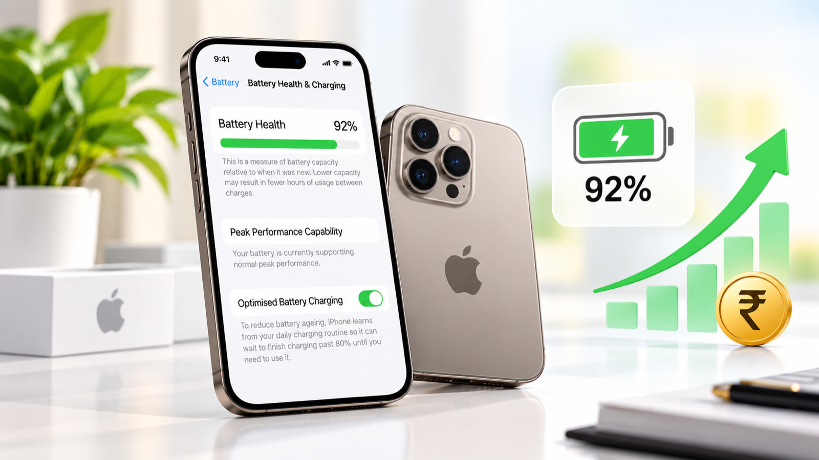 iPhone battery health screen beside a resale value indicator