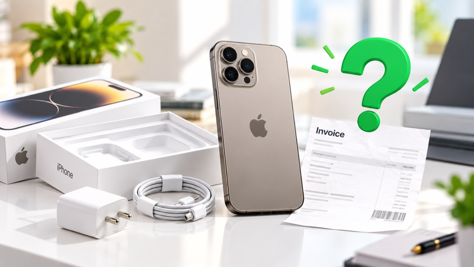 Used iPhone beside an empty box and invoice checklist